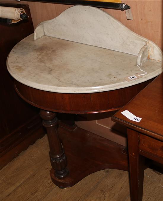 A Victorian mahogany marble top demi lune washstand W.88cm